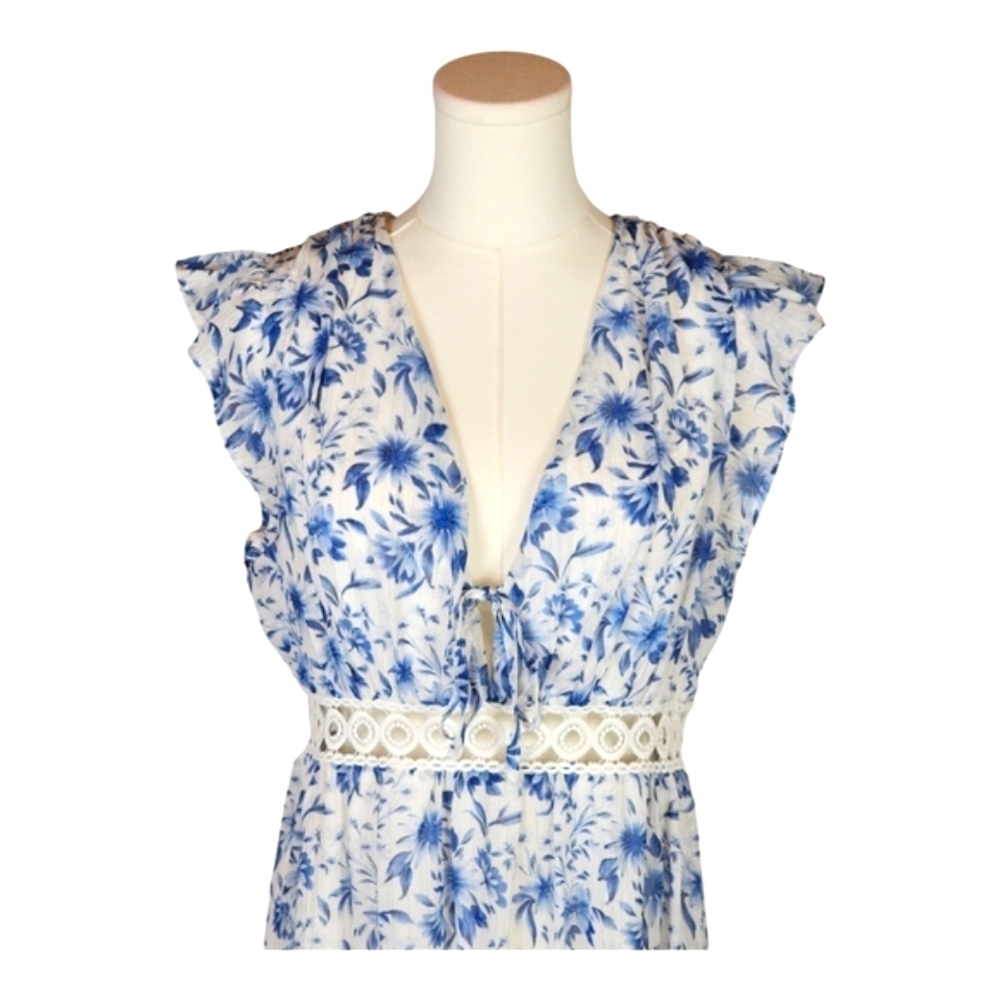 Lulus Make Things Shine White Blue Floral Midi Lightweight Flowy Dress L - Picture 4 of 16